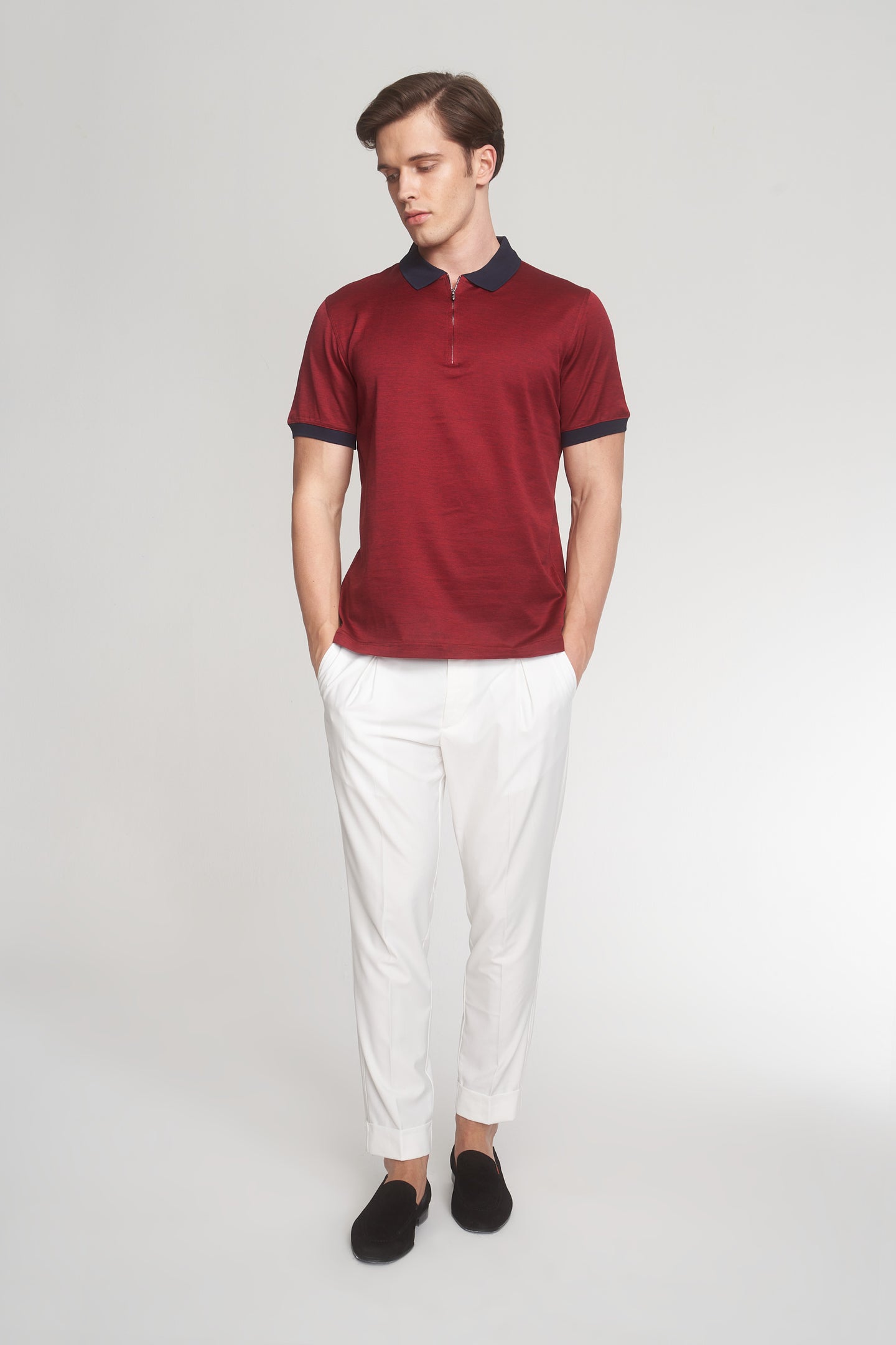 Navy - Red Mercerized Cotton Two Tone Zip-Up Polo T-Shirt